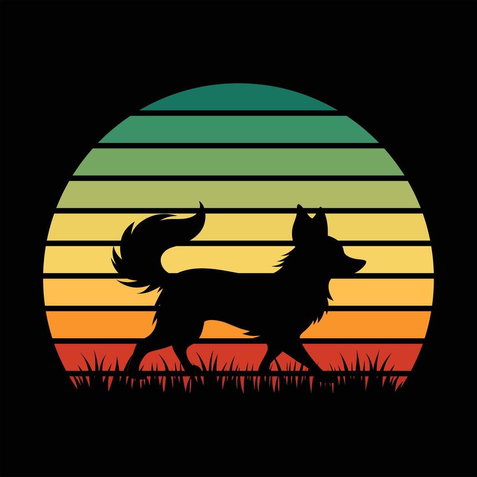 Papillon Dog Silhouette in a Retro Sunset Landscape vector