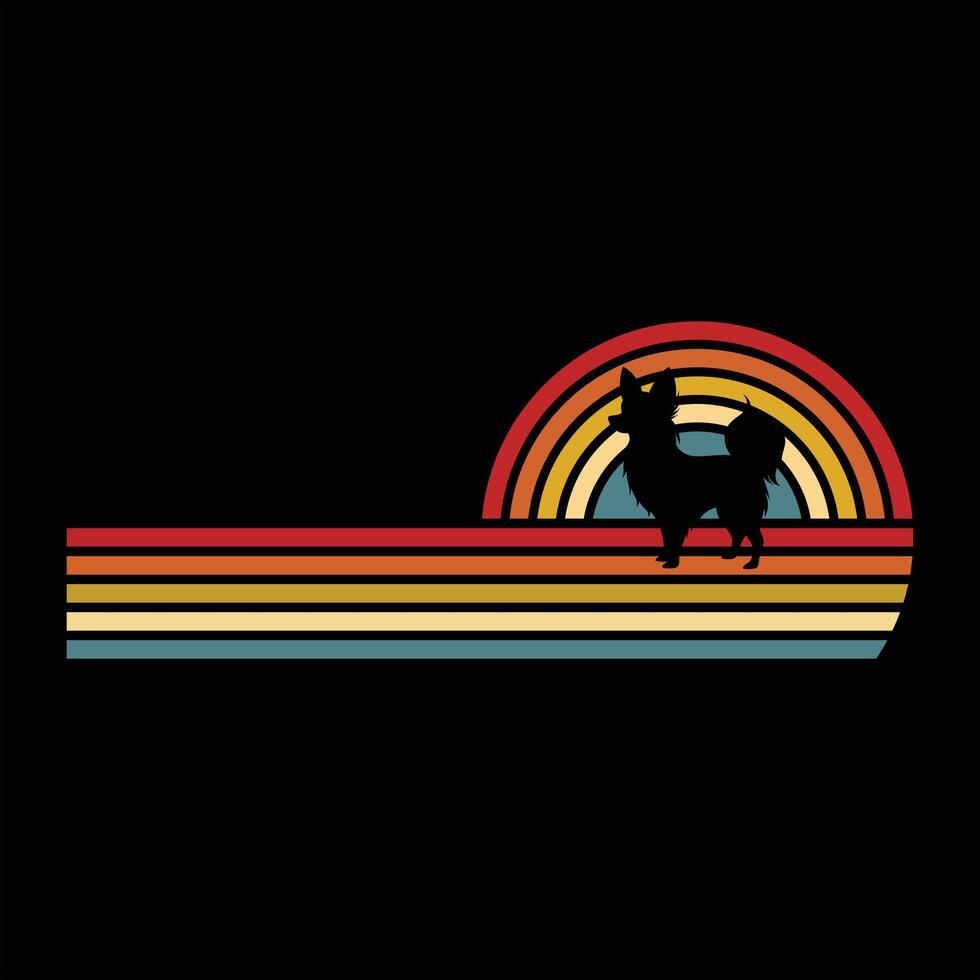 Retro Sunset Design Featuring Papillon Dog Silhouette vector