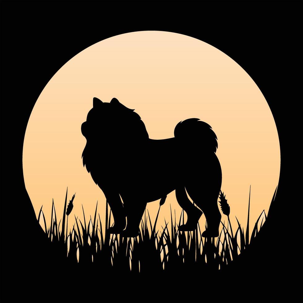 Vintage Sunset Retro Background Featuring Chow Chow Silhouette vector