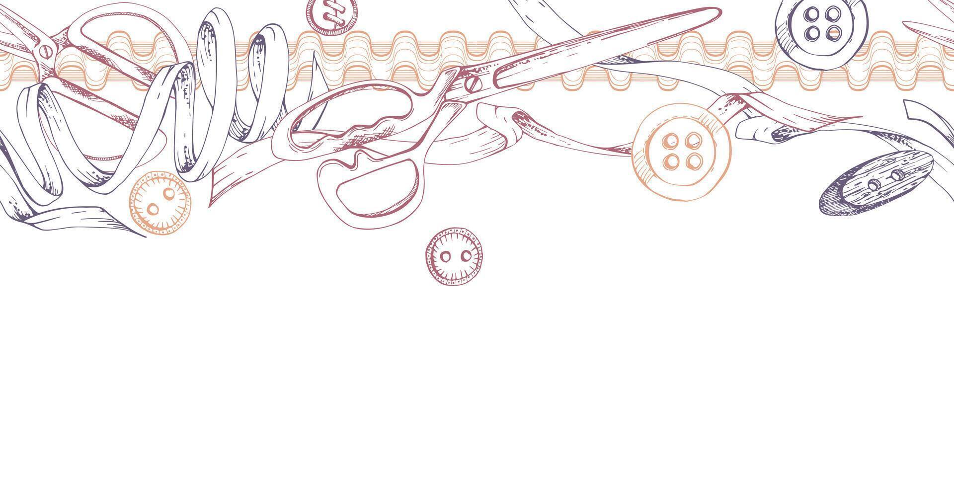 Sewing craft supplies. Fabric scissors snaps, buttons ribbon lace, red ochre beige. Hand drawn ink illustration. Seamless banner isolated on white background. Design atelier, tailor, hobby shop vector