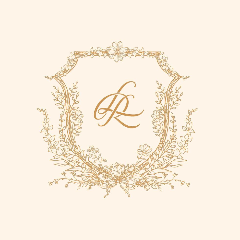 An elegant design with delicate flowers, beautifully capturing the timeless love of R and L. Exquisite wedding crest with initial R and L vector