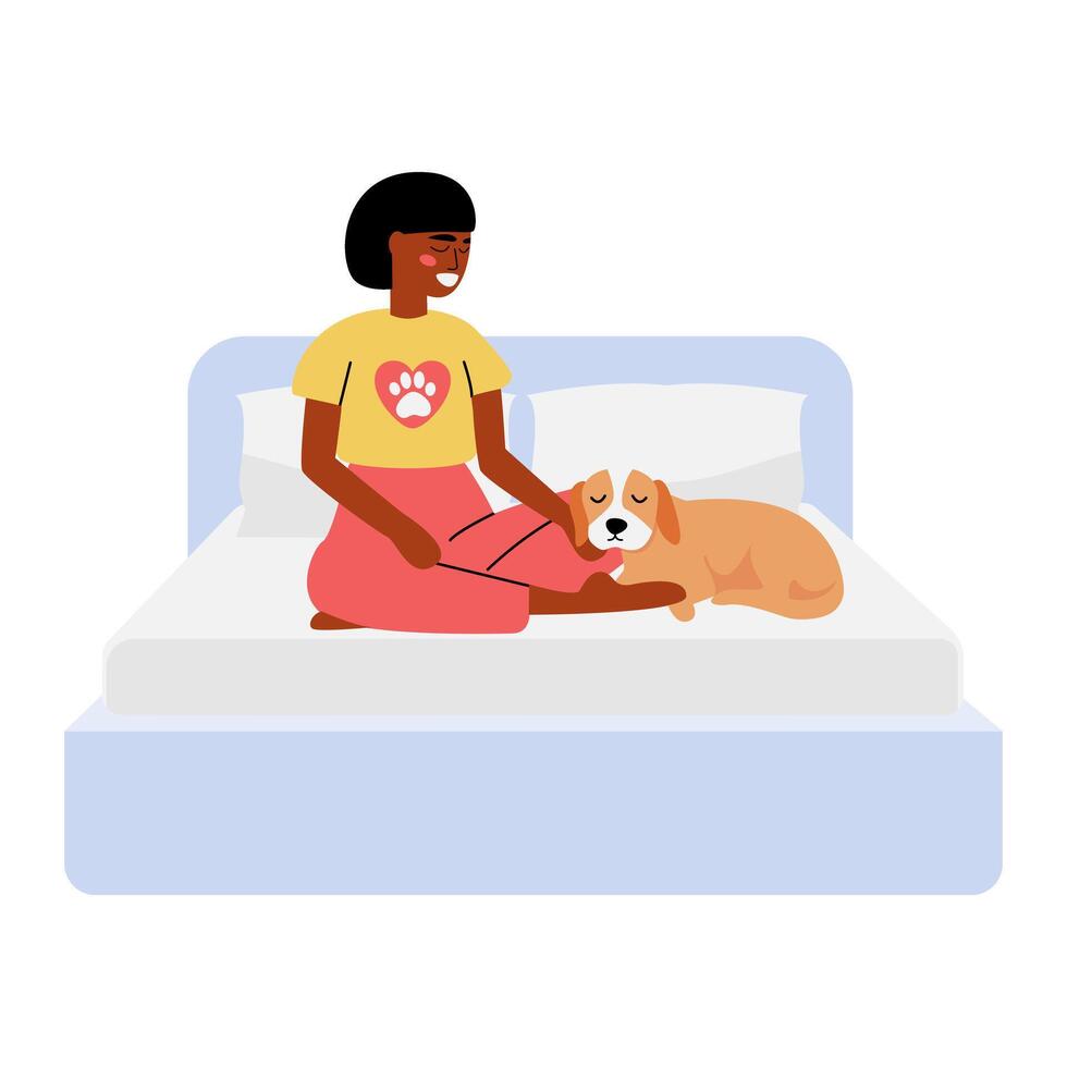 Smiling Woman Relaxing on Bed with Her Dog vector