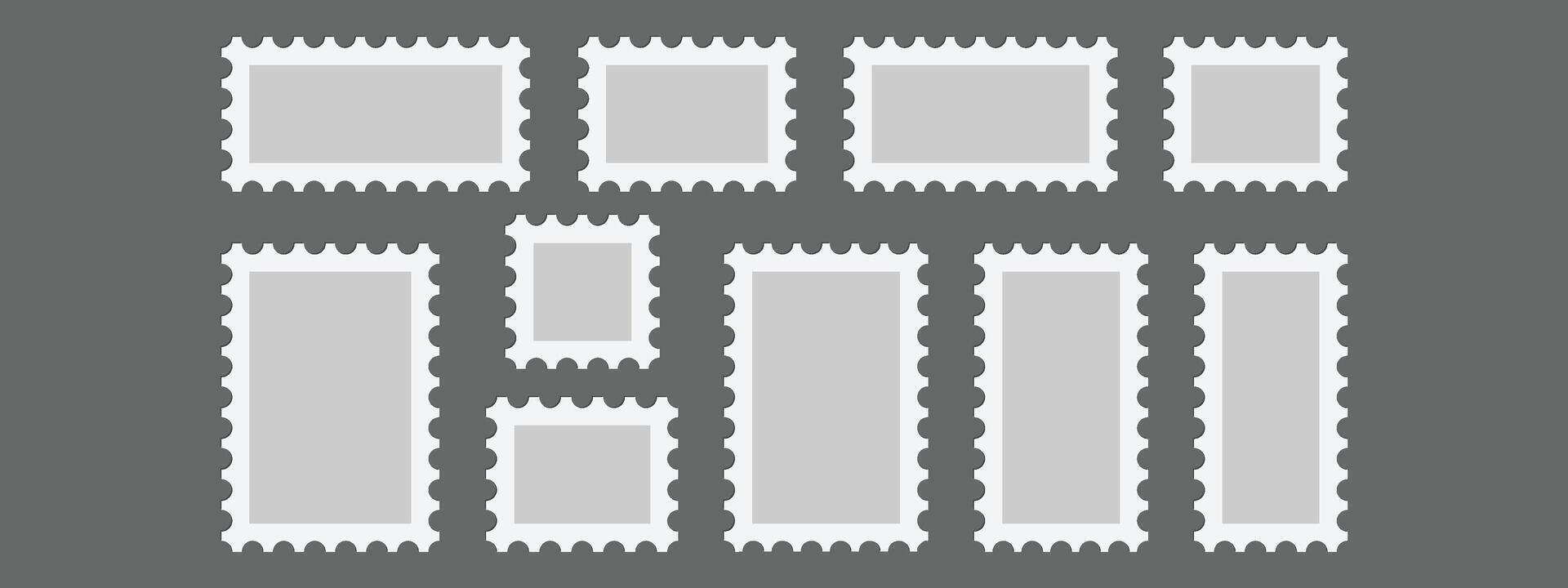 Postage stamp blank templates set. illustration old mail patterns isolated on gray background. Jagged wavy edge forms. Paper postmarks kit. Postal shapes border. Frames for letter. vector