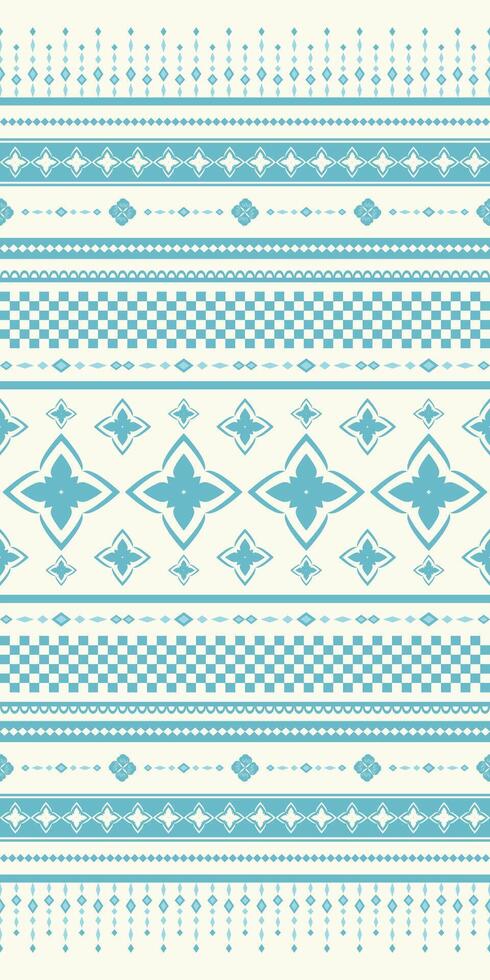 Ethnic Tribal Culture Geometric Floral Blue Sky Embroidery on Cream Background. With checked and Diamond Bloom Decoration Stripe. Nature inspired Seamless Pattern Style. Detailed, Fashion, winter. vector