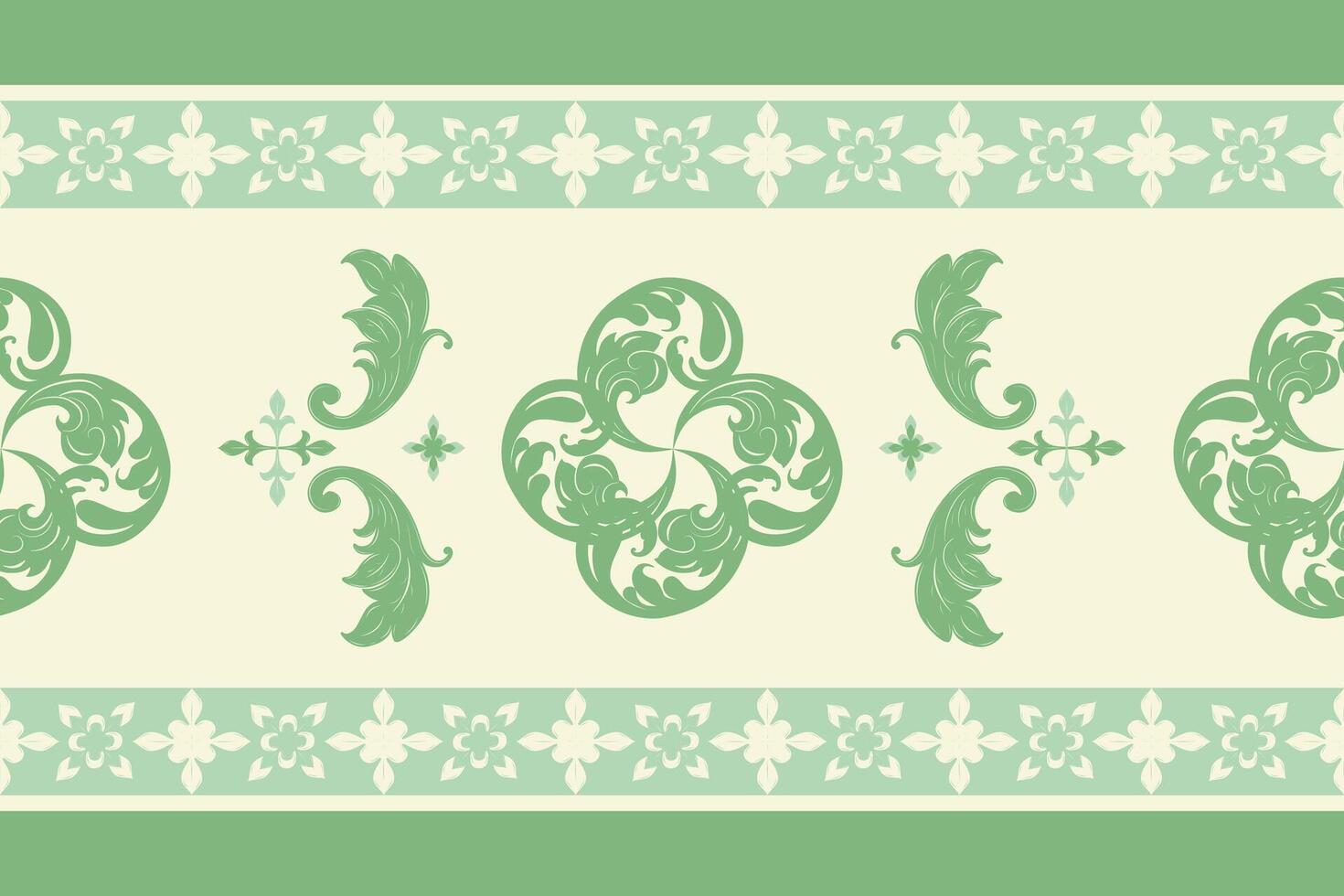 Grandiose Embroidery Seamless Border of Classic Design Glamour Pattern Scroll Ornament for Luxury Wools Silk Fabrics Bandana Handicraft Traditional Opulence Florals Green Weaves on Beige Background. vector