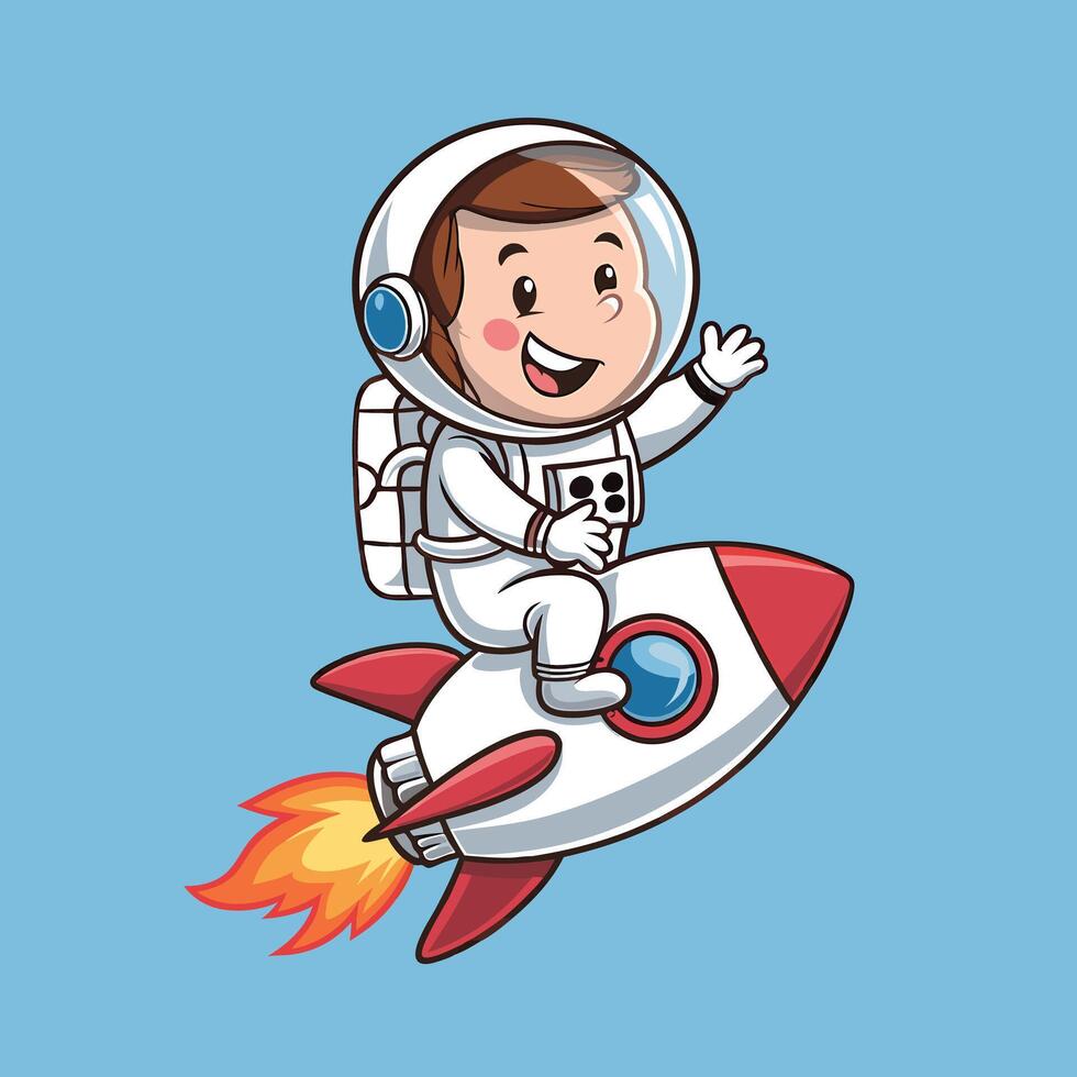 Nice Cute Astronaut Riding Rocket And Waving Hand Cartoon Icon Illustration. Science Technology Icon Concept vector