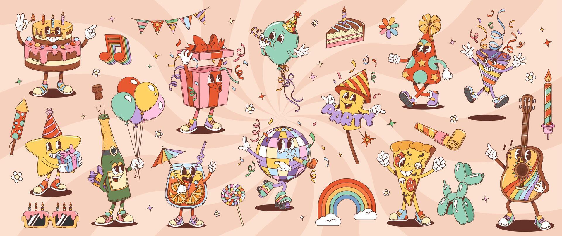Retro groovy birthday and anniversary characters vector