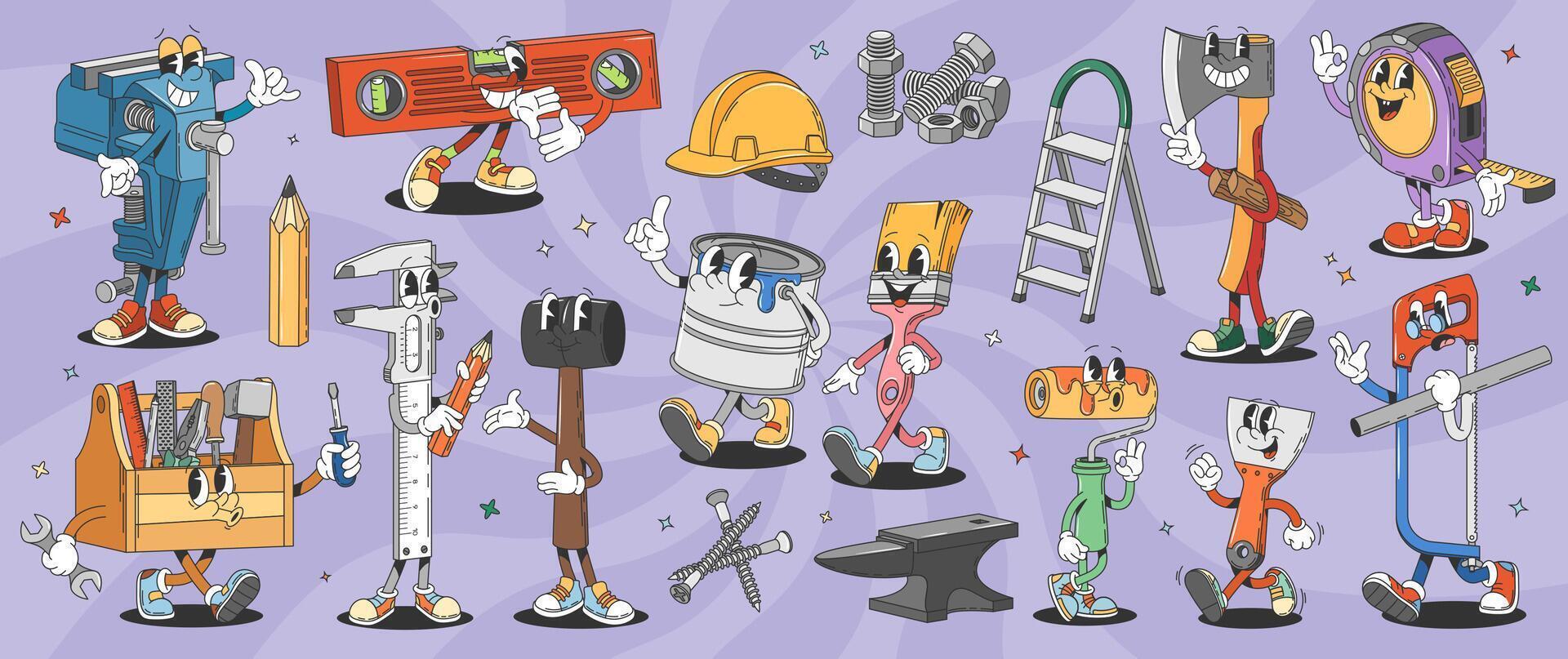 Cartoon retro groovy repair, DIY tools characters vector