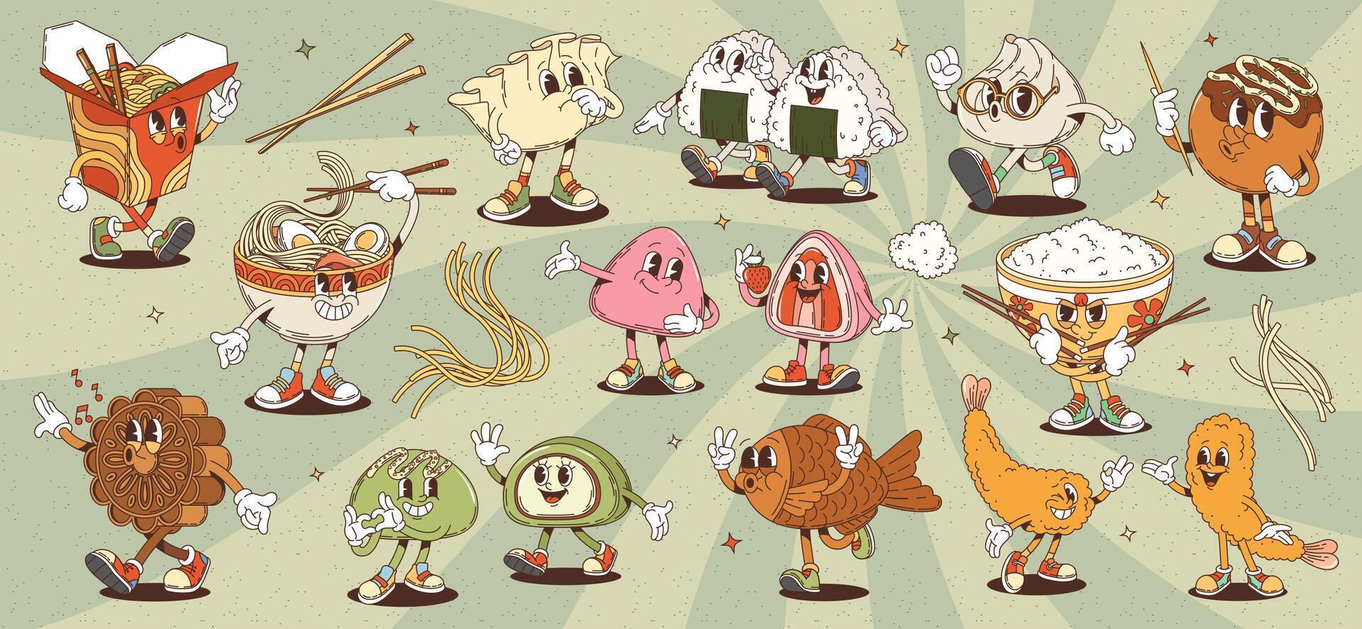 Groovy asian cuisine food and dessert characters vector