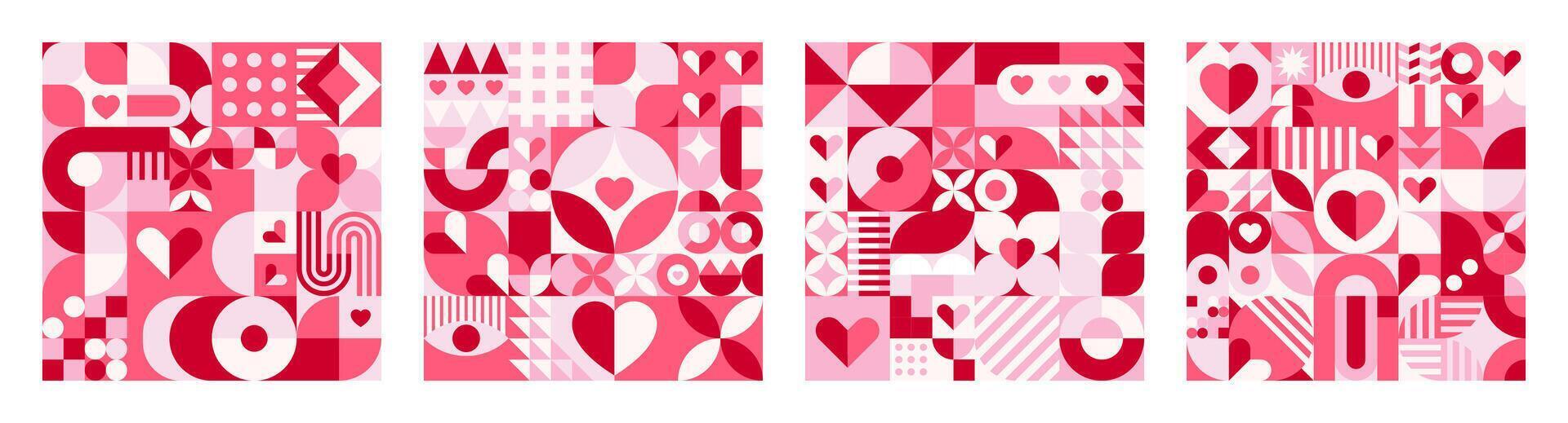 Geometric shapes Valentines Day tile patterns set vector