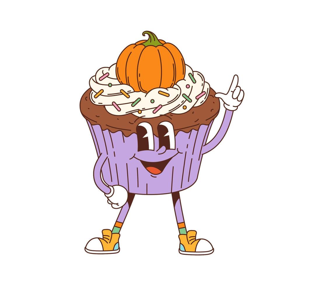 Retro groovy pumpkin cupcake dessert character vector