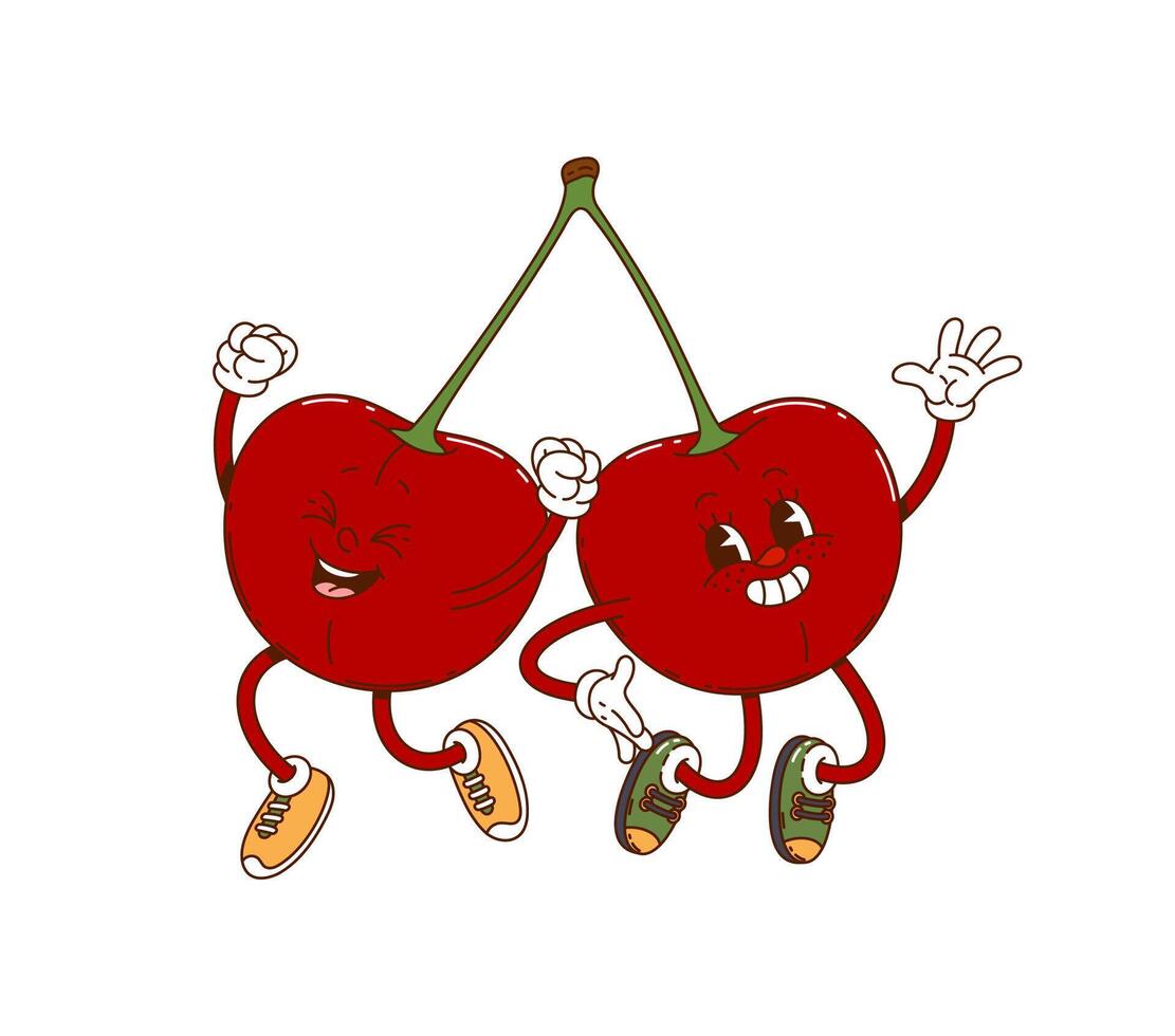 Cartoon groovy two cherry berry happy characters vector