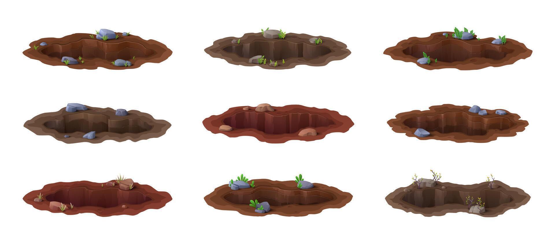Cartoon deep dirty pits and burrow, ground holes vector
