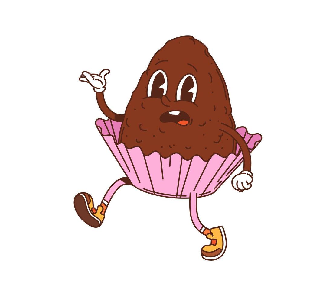 Retro hippie groovy cupcake dessert character vector