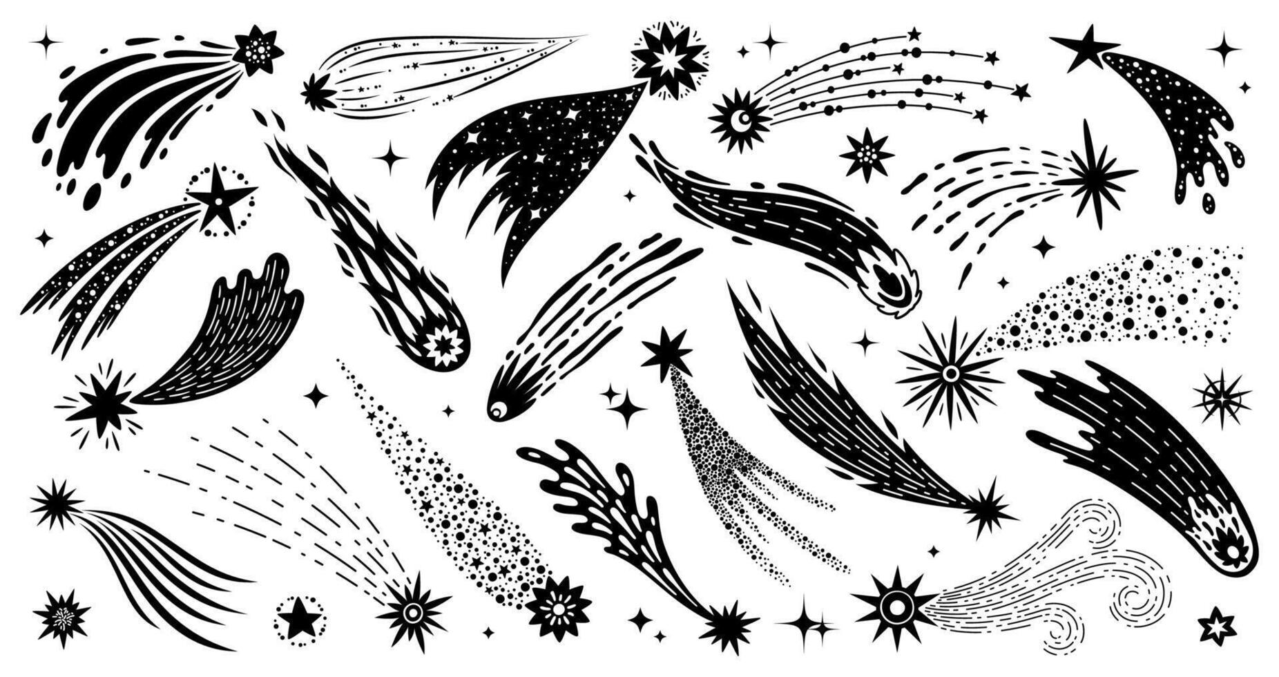 Doodle shooting space stars trails, galaxy comets vector