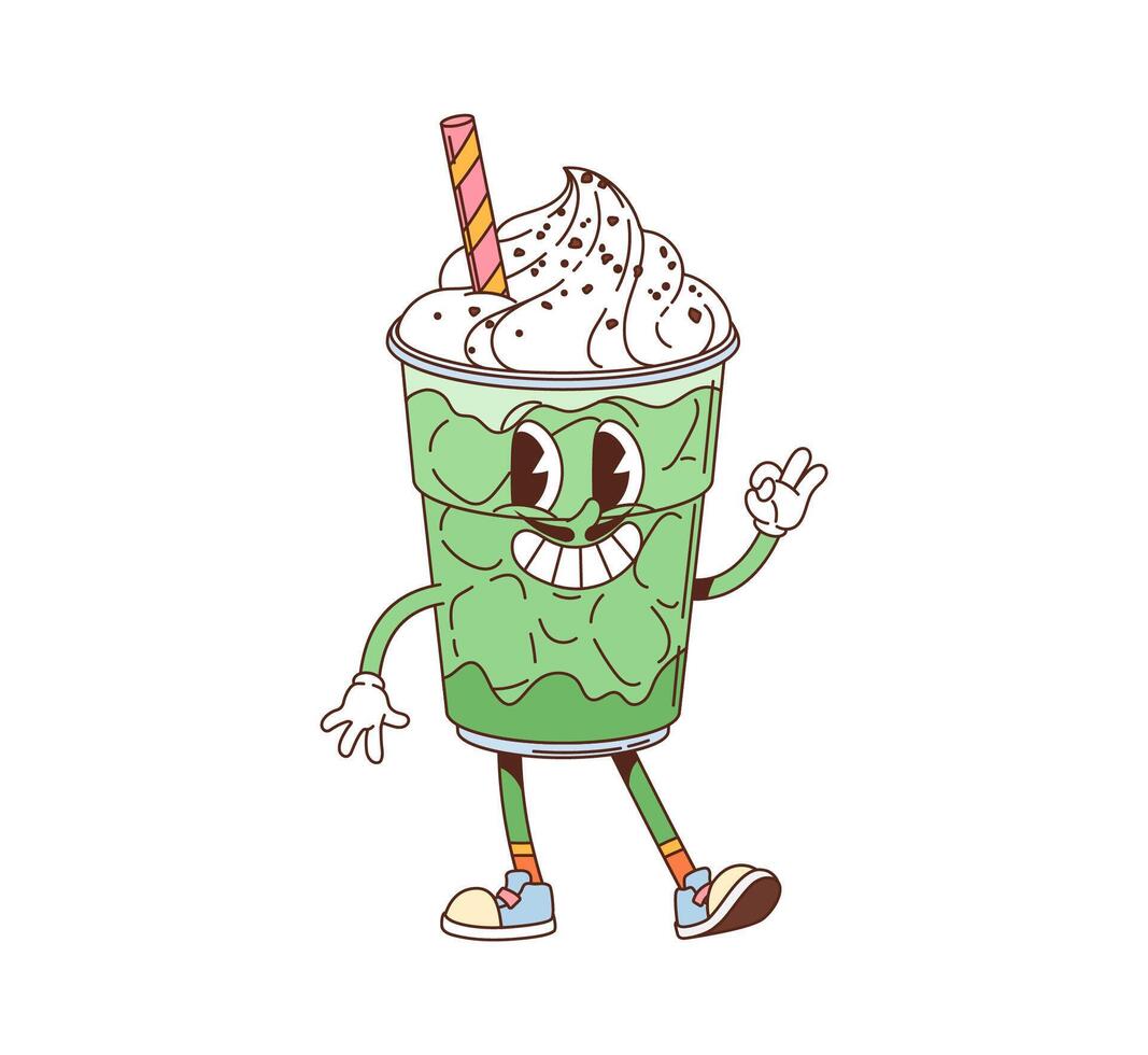 Groovy fast food smoothie dessert character vector