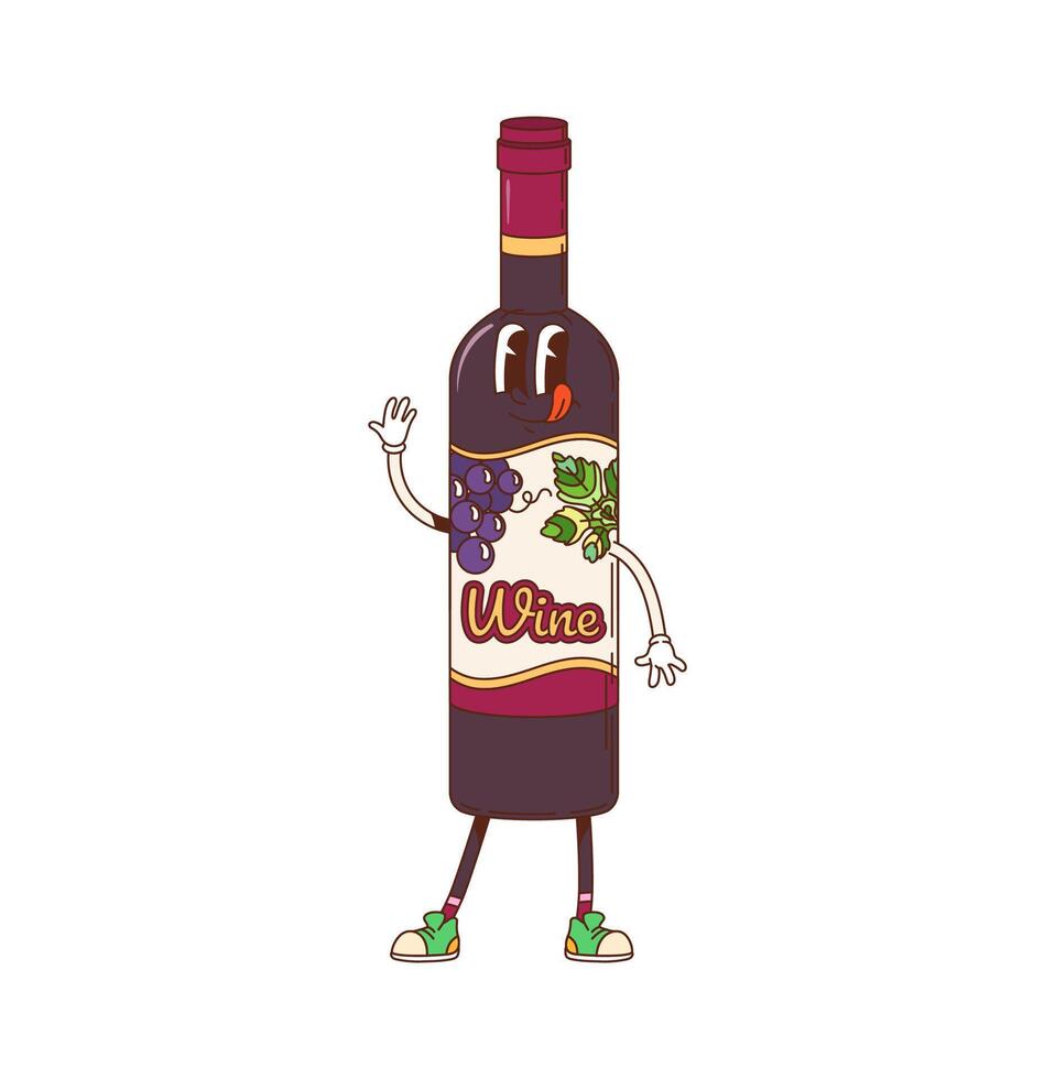 Cartoon groovy red wine bottle retro character vector