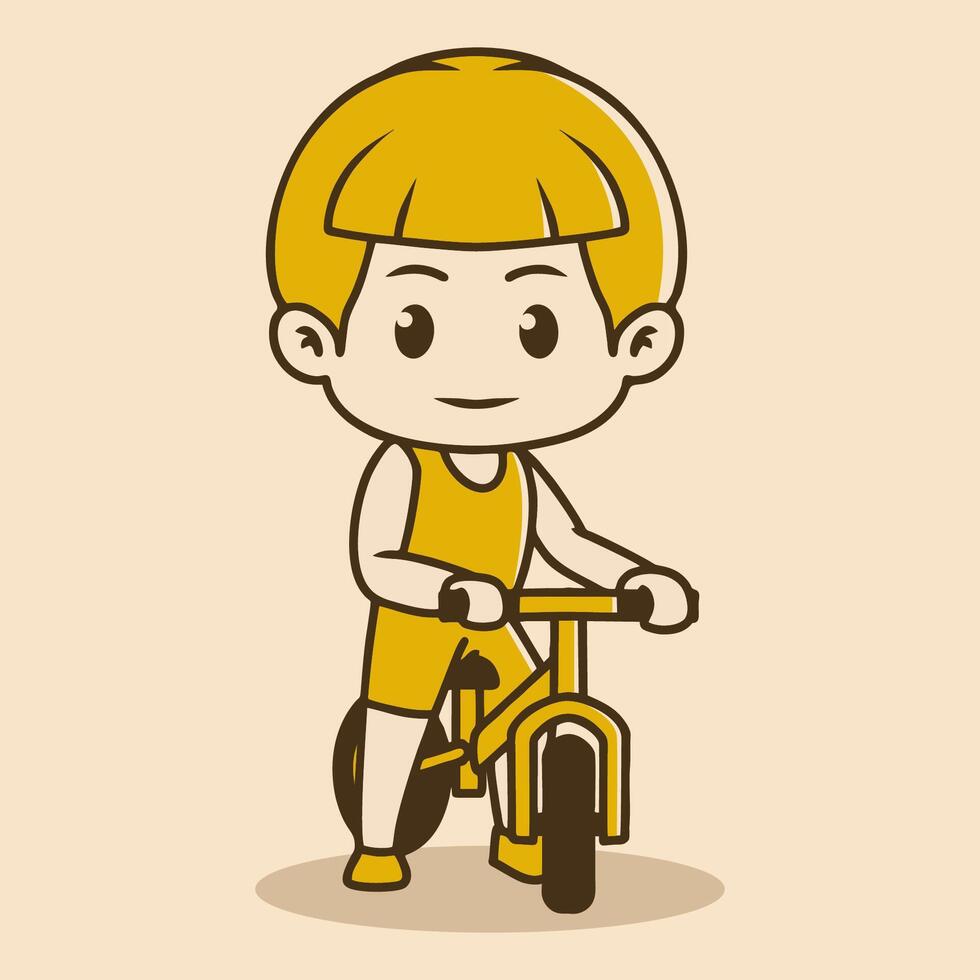 Chibi character of a kid playing with bicycle. retro colors vector