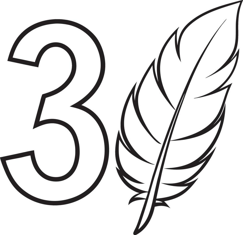 a feather and number three coloring page vector