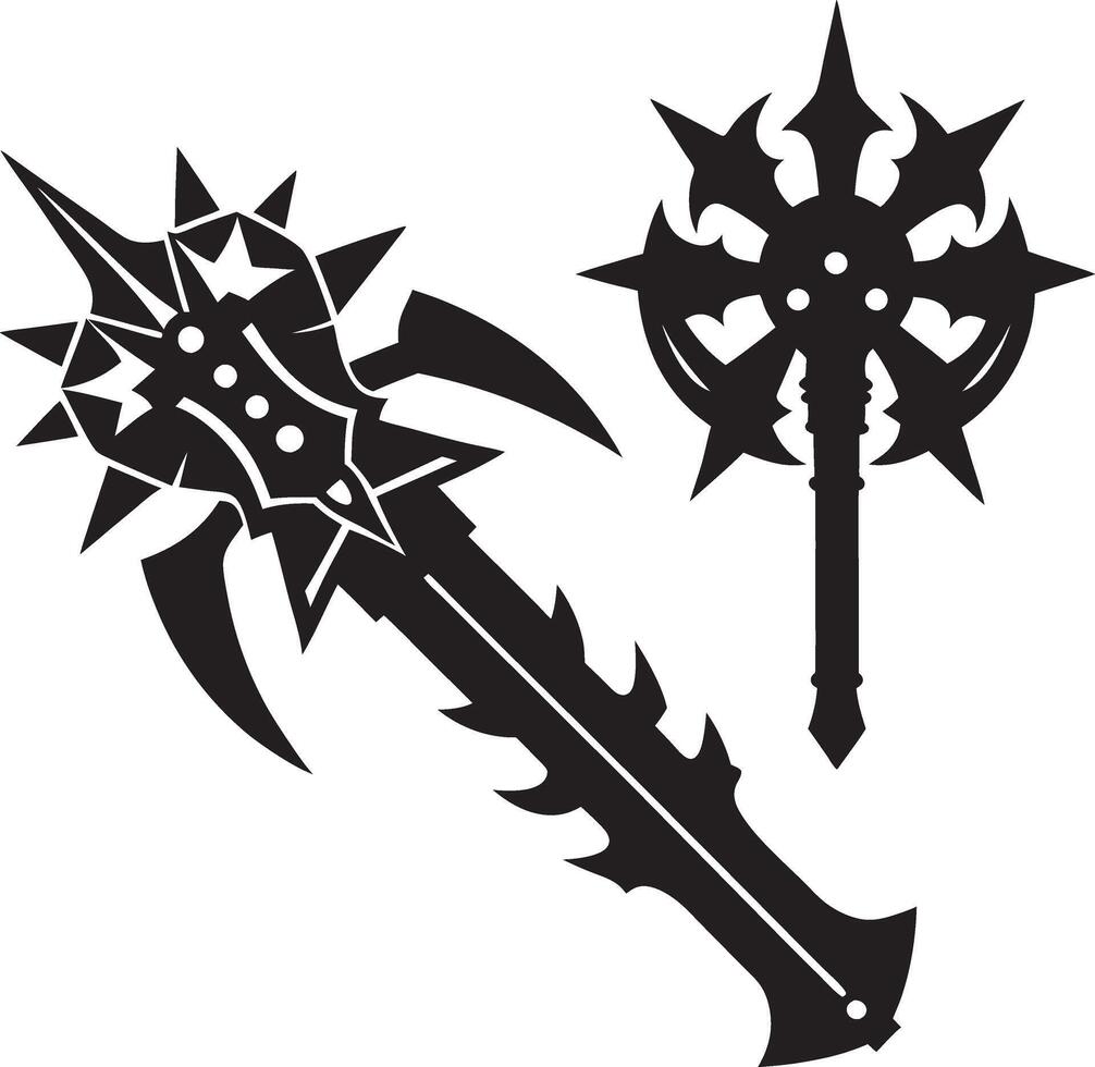 a black and white illustration of two weapons vector