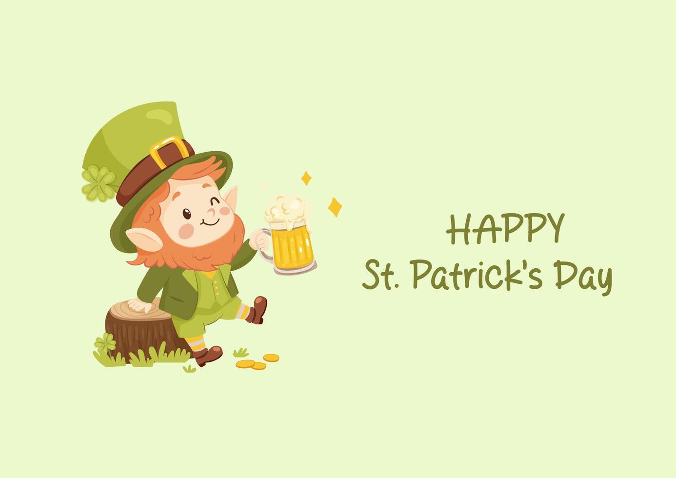 Horizontal St. Patrick's Day greeting card. Cute leprechaun with a mug of beer vector
