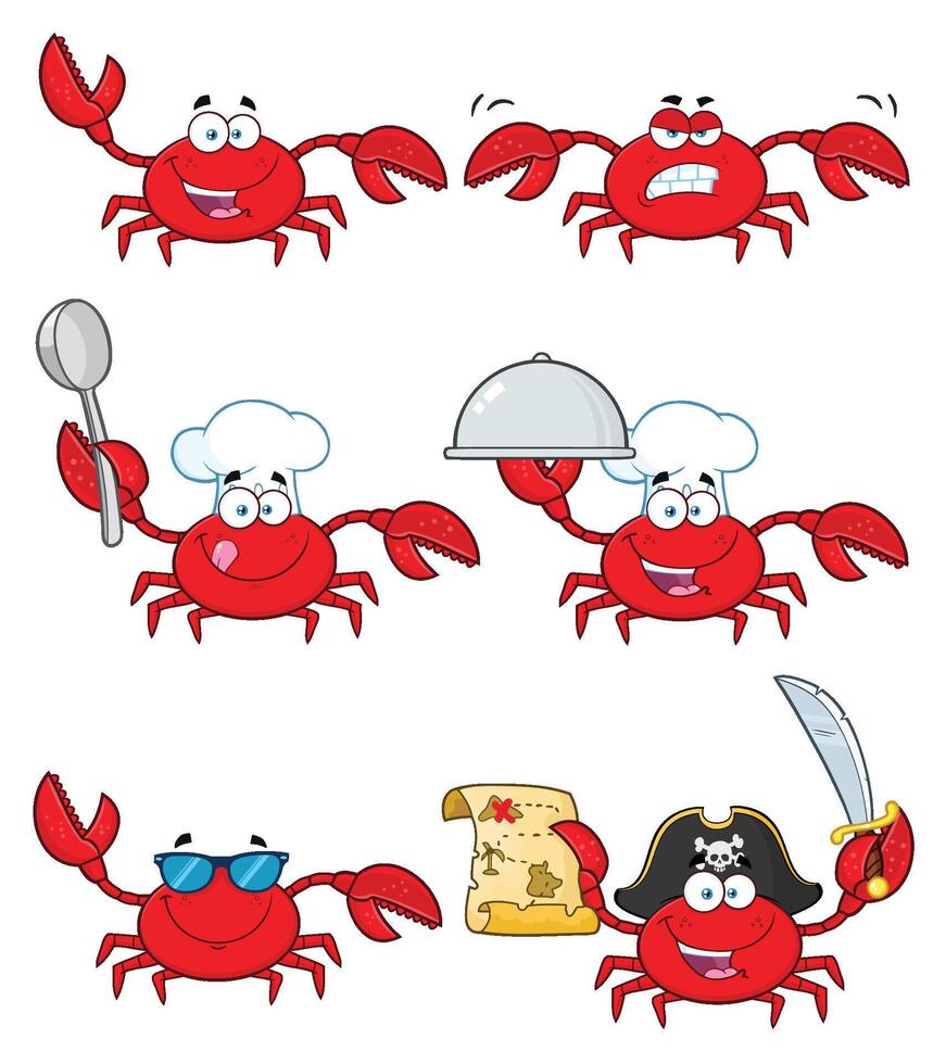 Funny Crab Cartoon Characters in Various Roles vector