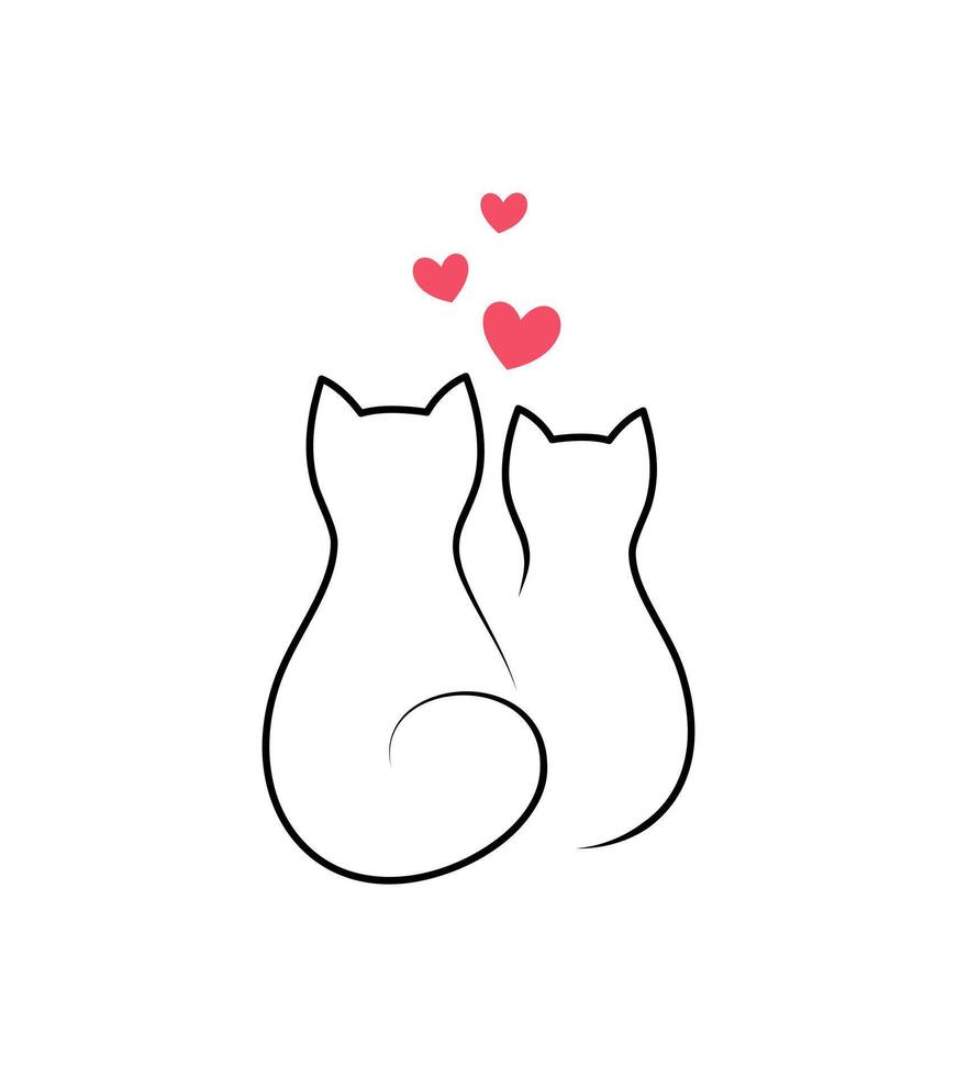 Silhouettes of two cats in love and red hearts between them. Logo or tattoo design. Valentine's day card in minimalist style vector