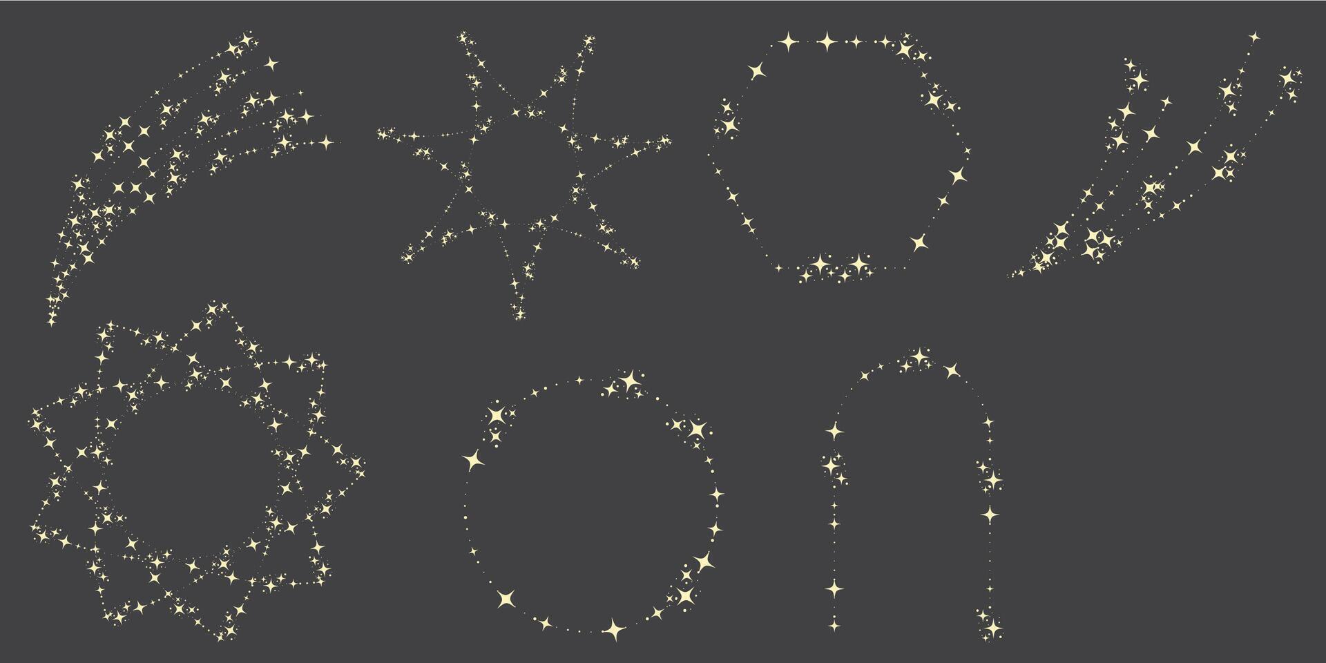 Magic star arch. Stars arch, star compositions graphic art. Shiny elements, starry and dots silhouettes. Comets and abstract constellations, retro celestial set vector
