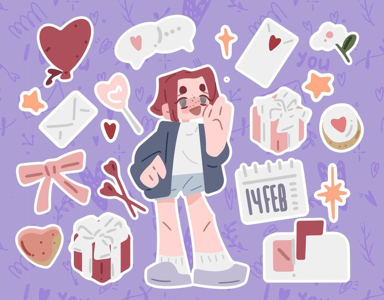 Valentine's Fun Character. A playful Valentine's Day illustration featuring a character with hearts, gifts, balloons, and festive elements on a purple background. Perfect for design projects. vector