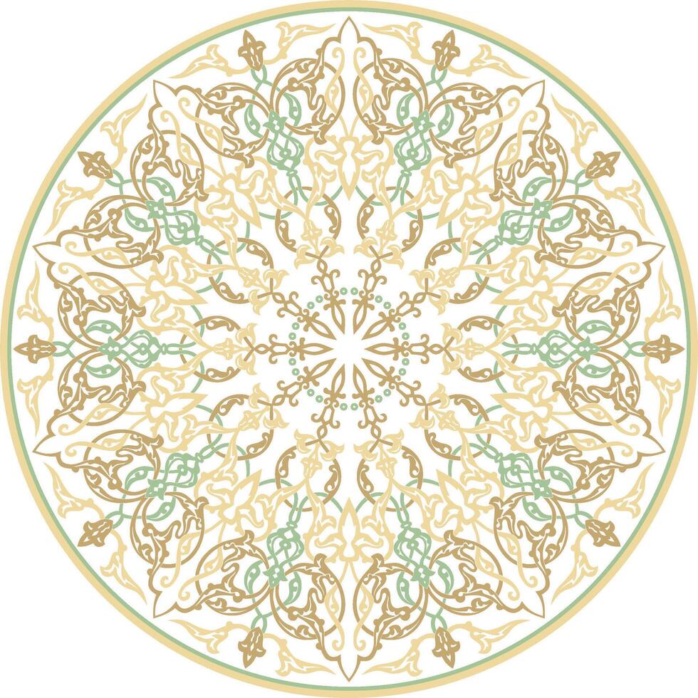 colored Turkish classical circle ornament Green with gold on a white background muslim round pattern. vector