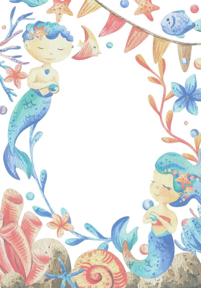 Mermaid little boy and girl with sea corals, algae, shells, starfish, fish, bubbles. Watercolor illustration hand drawn in coral, turquoise and blue colors. rectangular vertical frame template vector