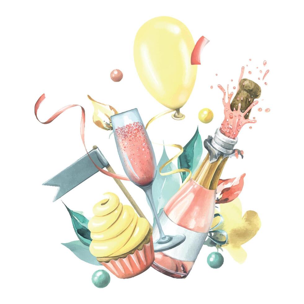 A bottle with a flying cork, a glass of champagne, a cupcake, ribbons, flags and flowers, a balloon and confetti. Watercolor illustration, hand drawn. Isolated composition on a white background. vector