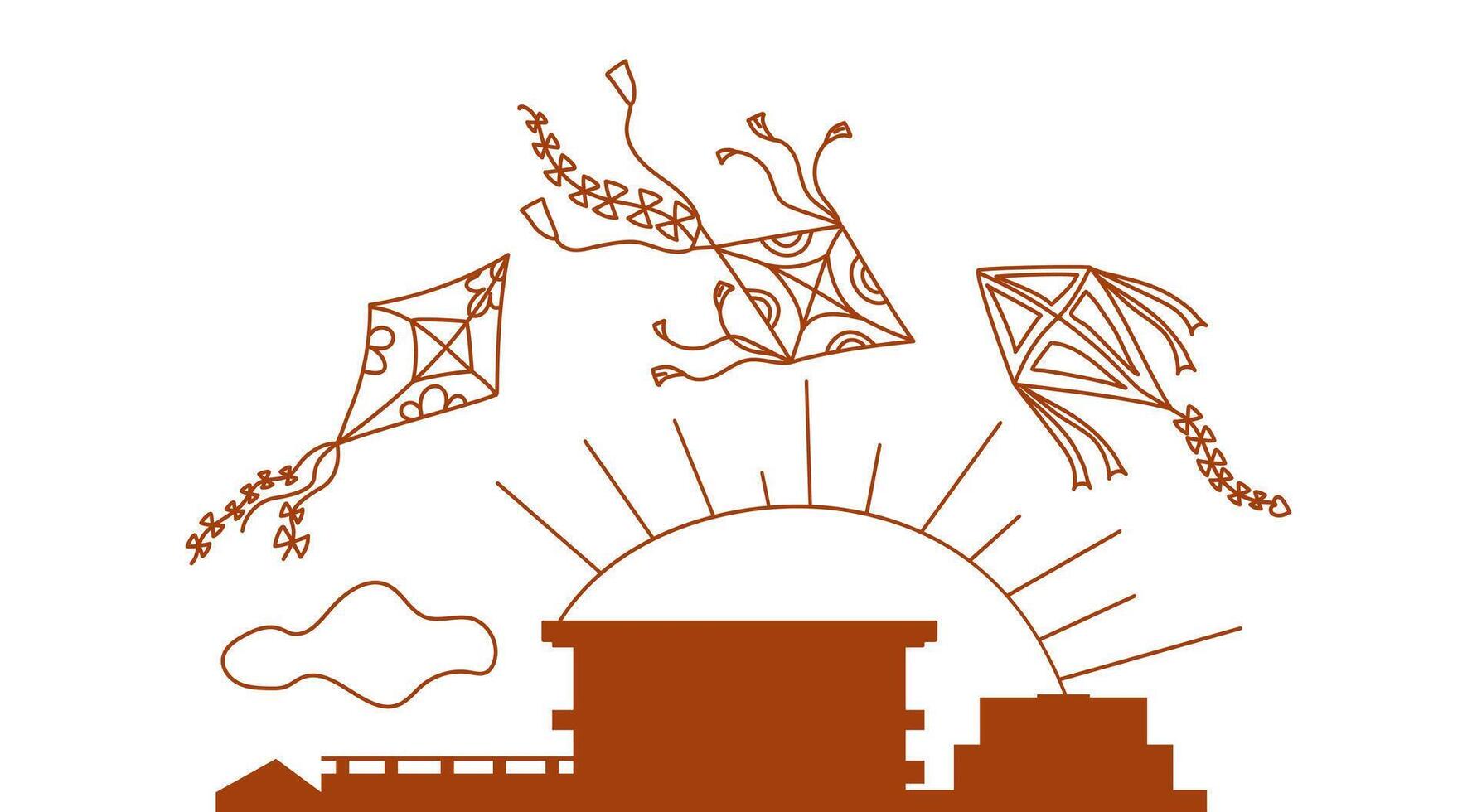 Roofs of houses, flying kites. City silhouette. Festival, holiday. Background white isolated. vector