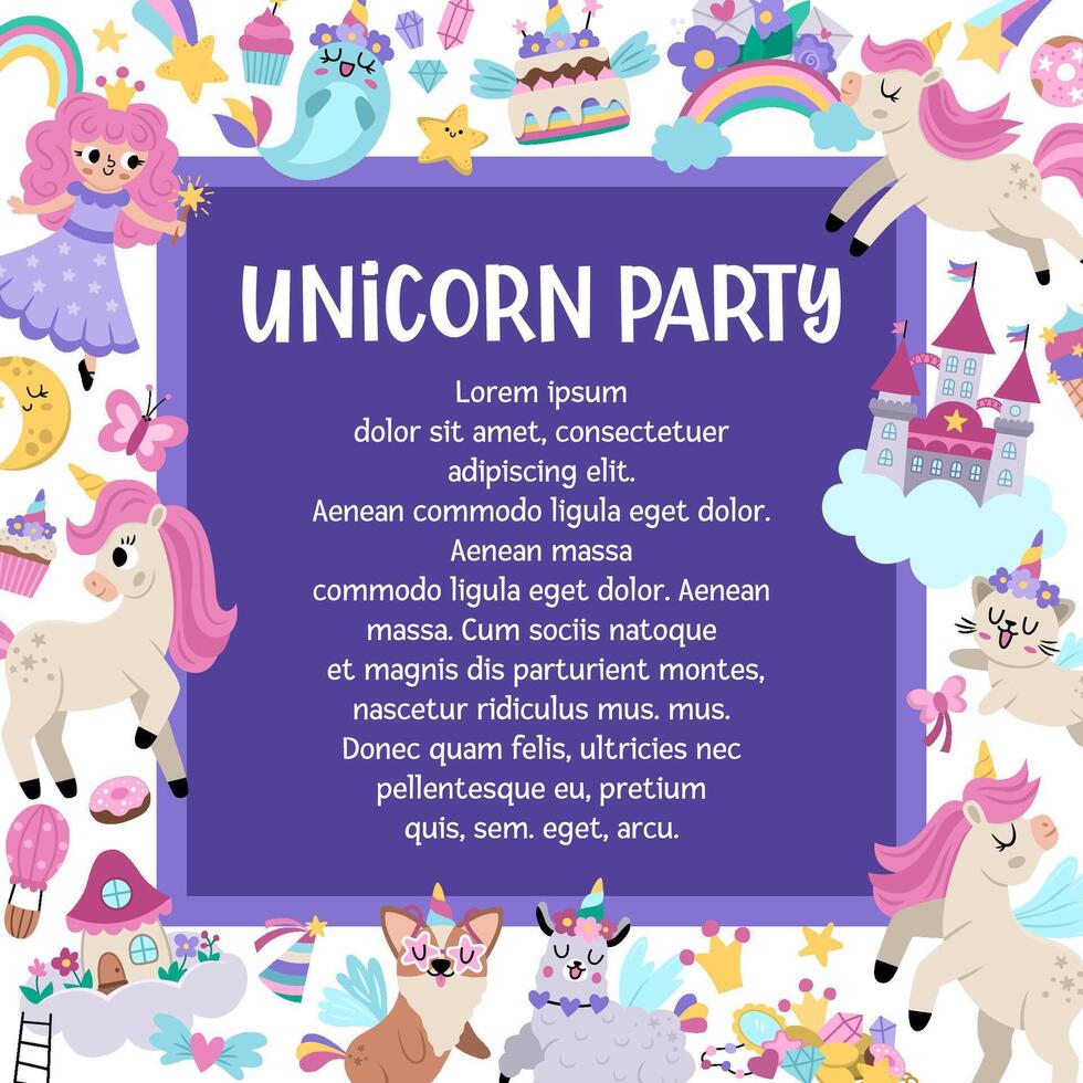 square frame for unicorn party with place for text. Fairytale card template design for banners, invitations, postcards, social media. Cute magic fantasy world illustration with fairy, rainbow vector
