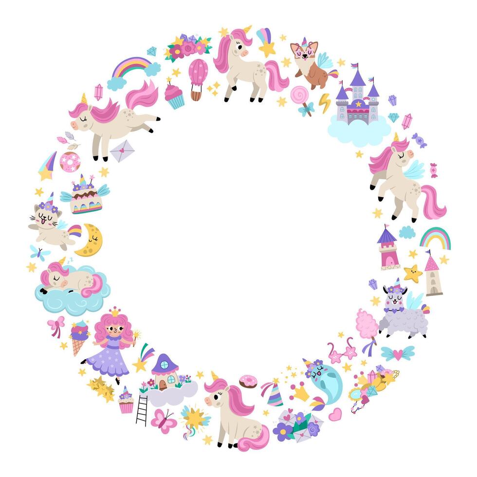 round frame for unicorn party. Fairytale card template design for banners, invitations, postcards, social media. Cute magic fantasy world illustration with animals, fairy, rainbow, stars vector