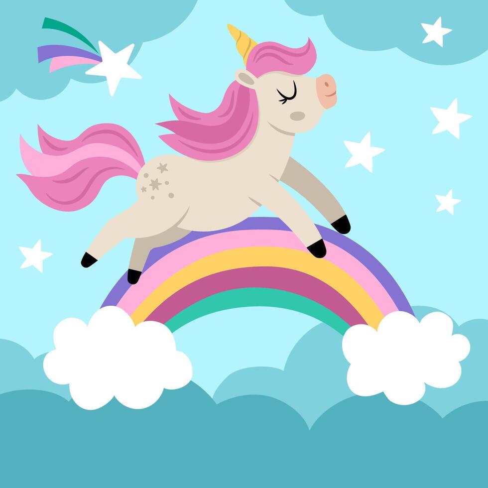 square background with unicorn running above the rainbow under night sky. Magic or fantasy world scene. Fairytale landscape for card, post, book. Cute horse illustration for kids vector