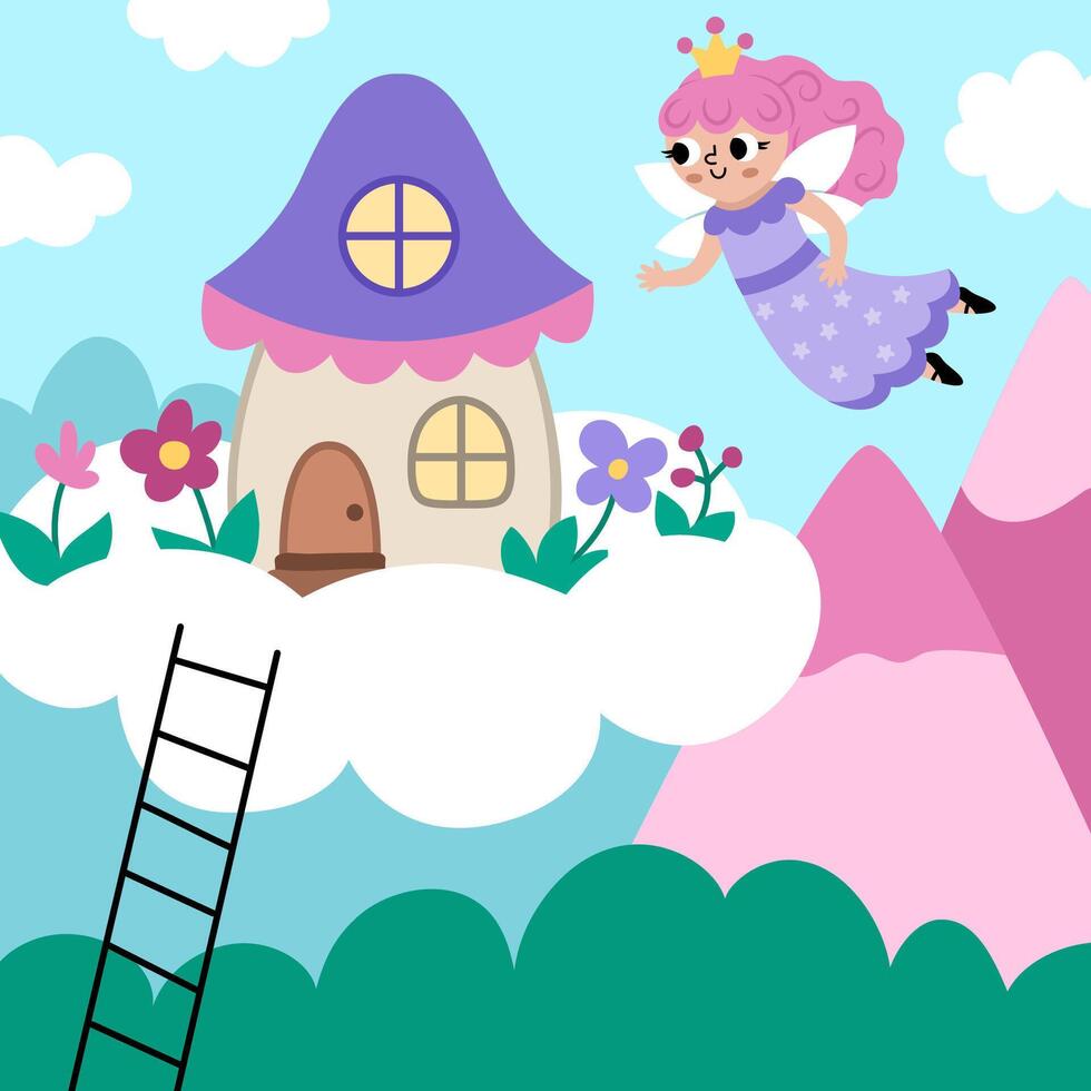 square background with fairy princess flying to her house and garden on cloud. Magic or fantasy world scene. Fairytale landscape for card, post, book. Cute sunny day illustration for kids vector
