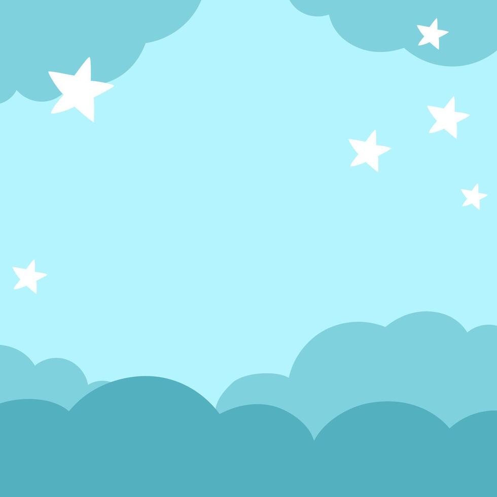 blue abstract background with clouds and stars. Magic or fantasy world scene with place for text. Cute fairytale square nature landscape for card, social media post. Night sky illustration for kids vector