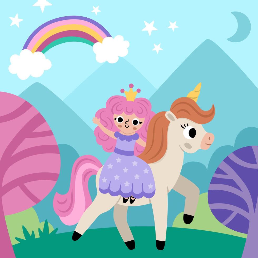 square background with fairy princess riding unicorn under clouds, stars. Magic or fantasy world scene. Fairytale landscape with forest, mountains, rainbow. Cute night sky illustration for kids vector