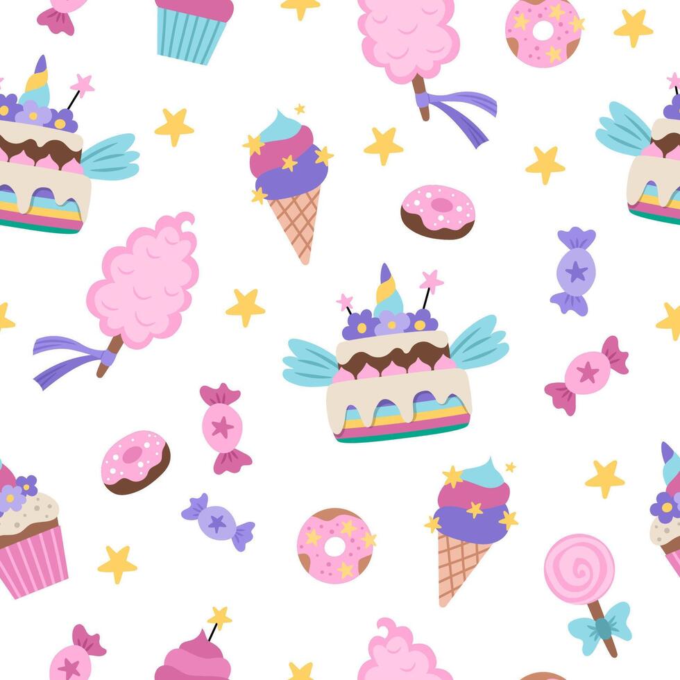seamless pattern with sweets. Cute rainbow, unicorn themed repeat background with cake, ice cream, lollypop, cotton candy, donuts, cupcakes. Magic fairytale desserts digital paper vector