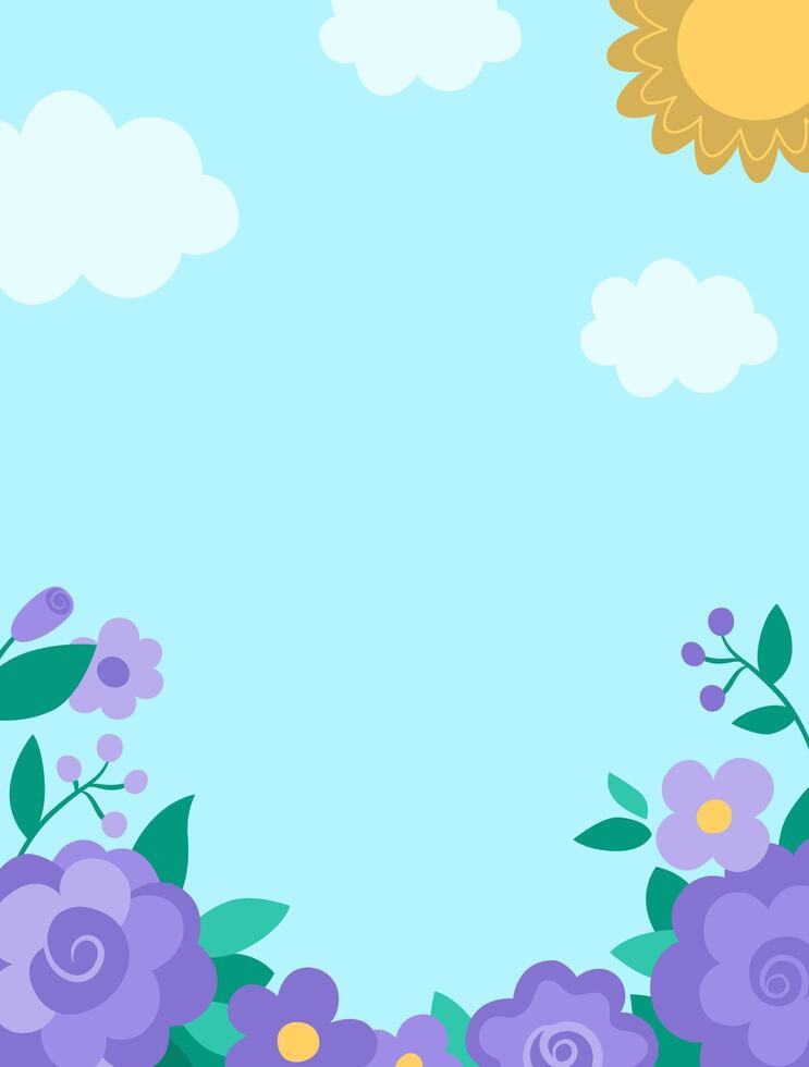 blue abstract background with flower garden, sun, clouds. Magic or fantasy world scene with place for text. Cute fairytale vertical nature landscape. Spring illustration for kids vector