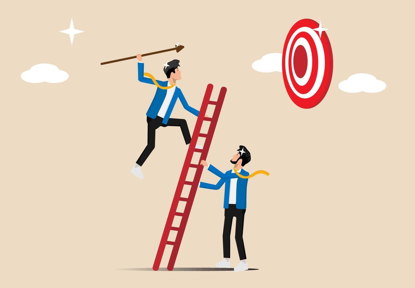 Developing the ladder to success, the business team helps to prepare the ladder of success to achieve the target, setting business goals, targets, goals and objectives, partnerships and teamwork towar vector
