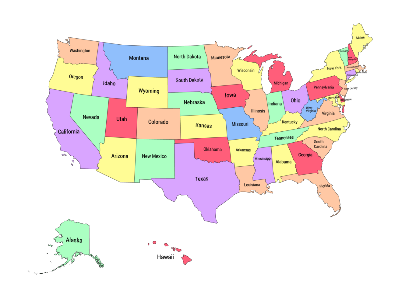 US states map with name on transparent background png