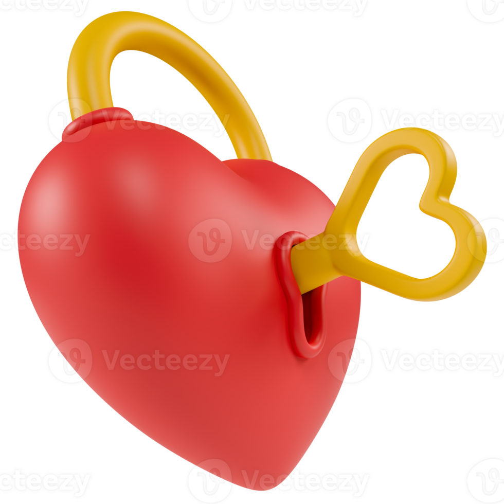 Stylized heart-shaped padlock with a yellow key. Isolated on transparent background png