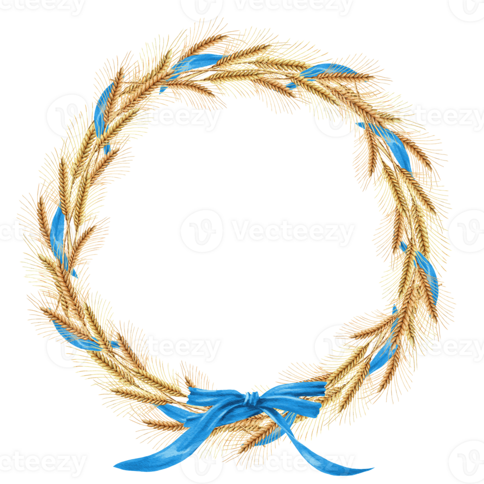 Round Vignette of wheat Ears with Blue Bow png