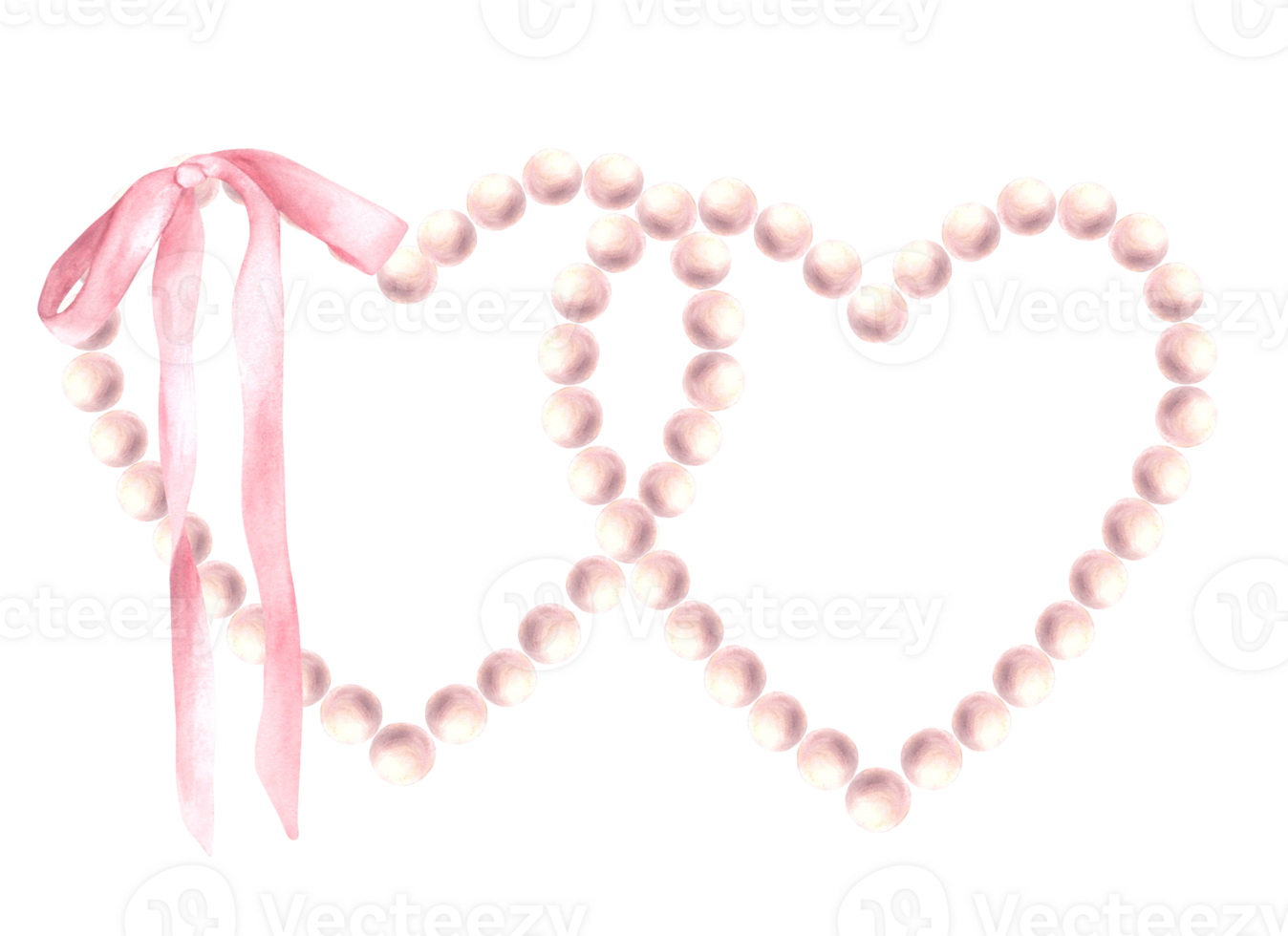 Two pearl hearts in an intertwined frame with pink bow. Watercolor hand drawn illustration. Romantic rose symbol of two lovers, Valentines day gift, wedding, greeting card. Isolated from background png