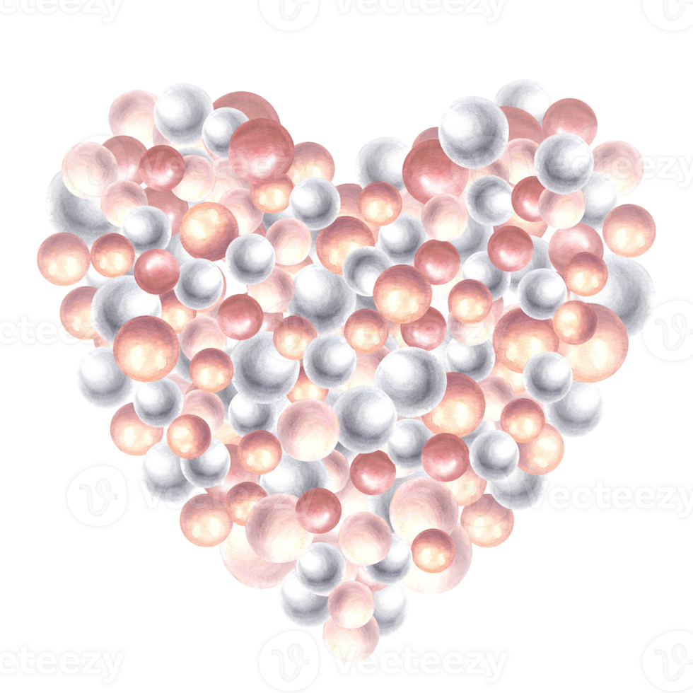 Heart of pearls Watercolor painted illustration. Coquette girl, pink and grey pearly composition for Valentines Day, wedding, birthday greeting, invitation card. Love symbol. Isolated from background png