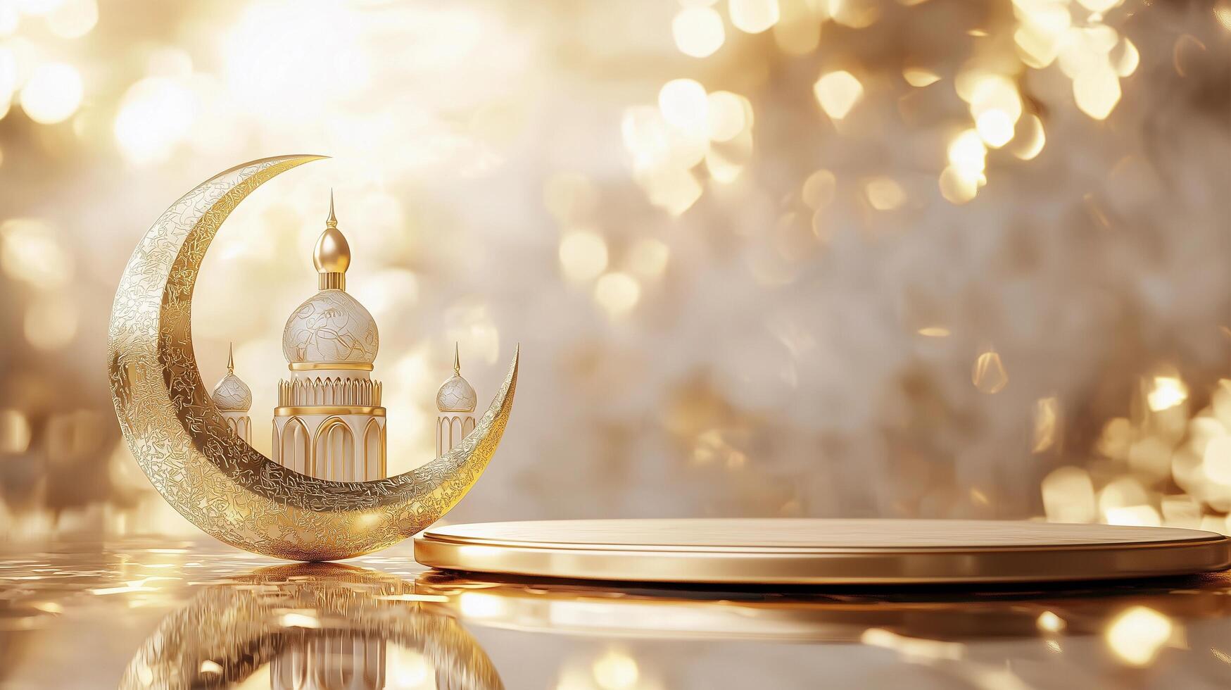 Luxurious Ramadan-themed 3D artwork presenting a detailed golden crescent moon, an exquisite golden mosque, glossy reflections, and a high-end podium perfect for Islamic celebrations photo