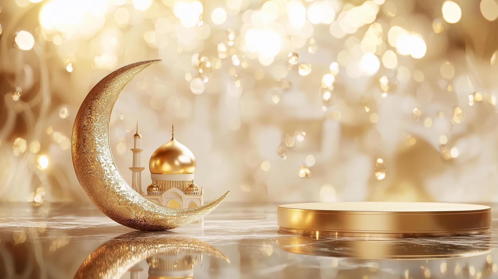 A luxurious 3D Ramadan design showcasing a golden crescent moon with detailed patterns, a stunning golden mosque, reflective elements, and a premium podium ideal for Islamic festivities photo