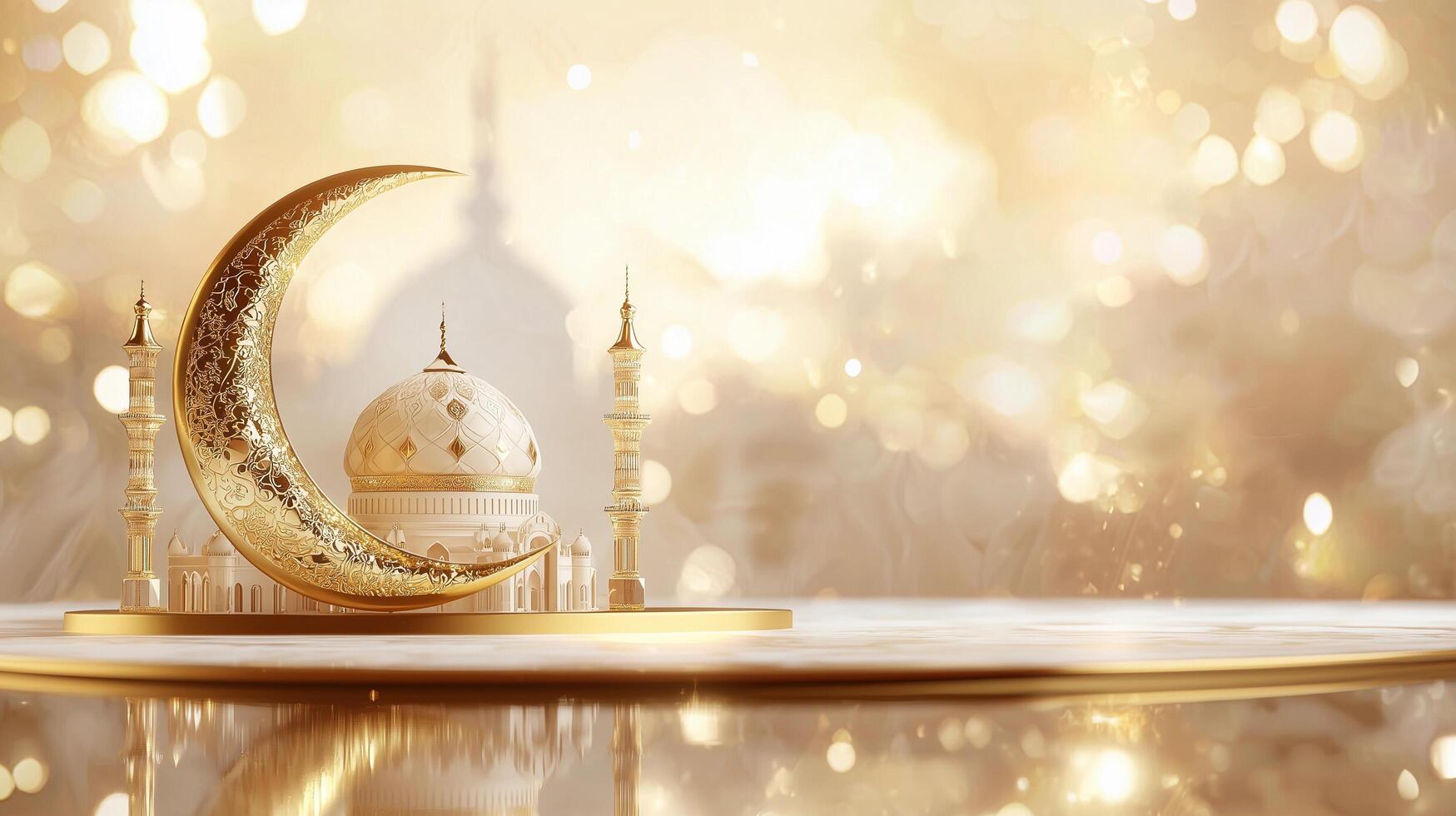 Captivating 3D Ramadan visual with a radiant golden crescent moon, an opulent golden mosque, shimmering reflections, and a premium podium perfect for Islamic festive celebrations photo